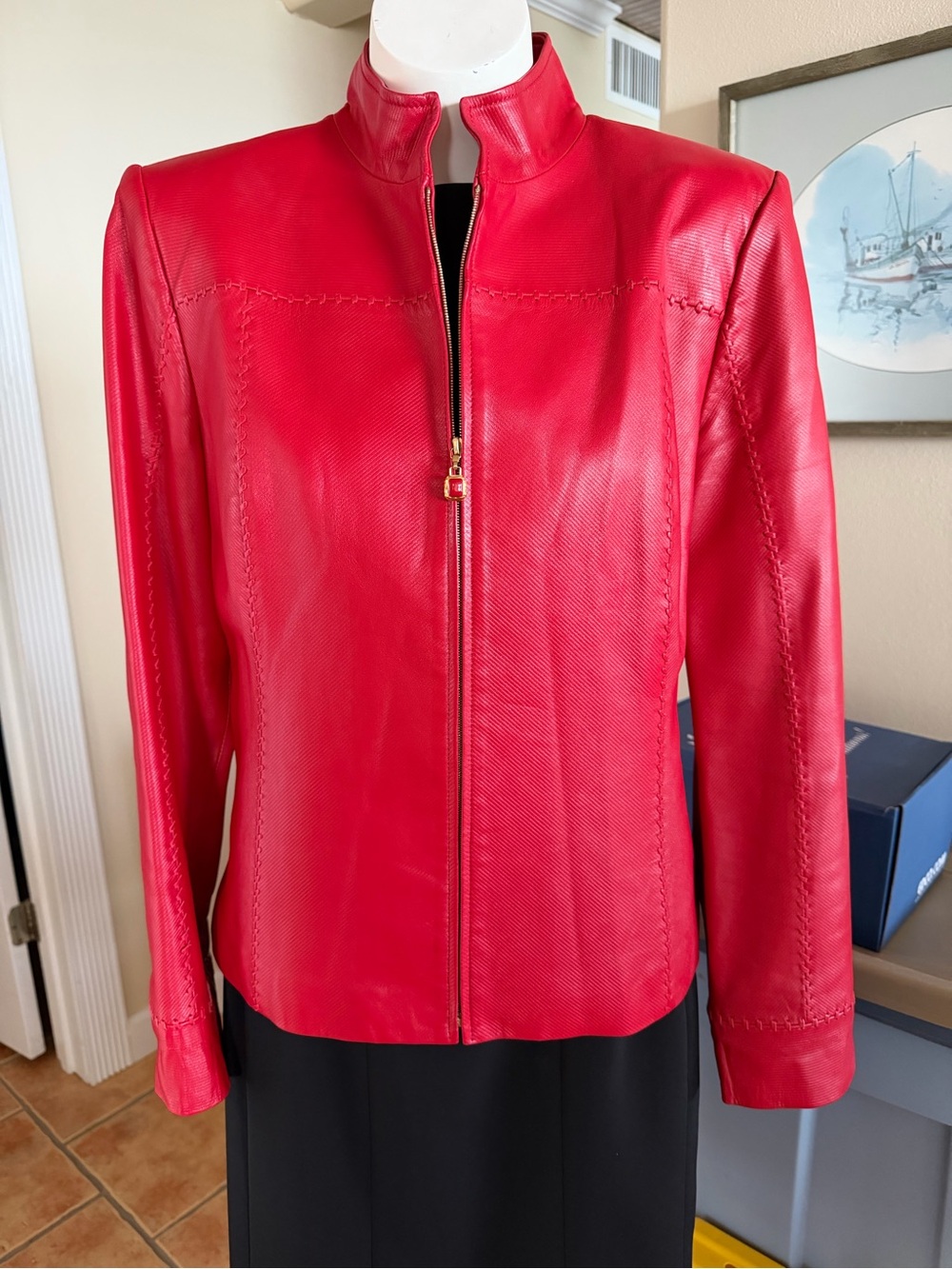 St. John Collection Red Leather Zip Jacket Resort 2008 Like New!